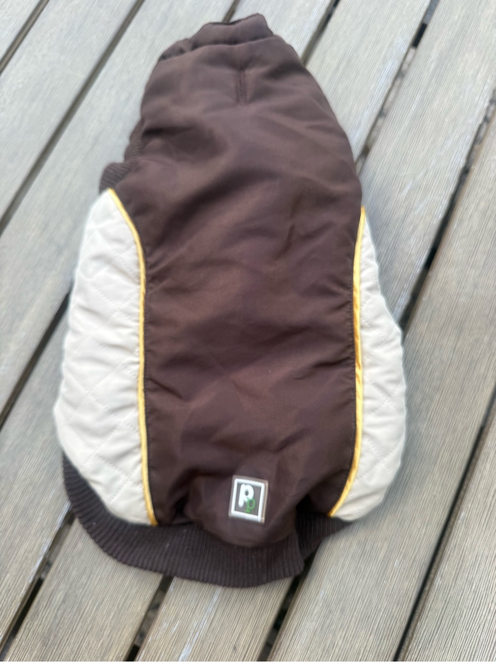 Dog Jacket Large Brown Cream Quilted Pet Coat With Yellow Trim